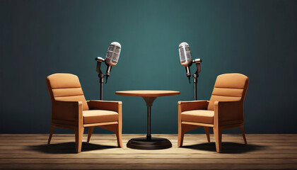 two chairs and microphones in podcast or interview room isolated on dark background as a wide banner for media conversations or podcast streamers concepts with copyspace