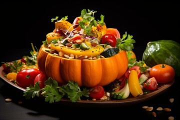 Organic pumpkin with Thai flavors and assorted vegetables. Generative AI