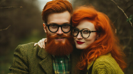 Obraz premium Family of Irish people comic style dressed for celebration of St. Patrick's Day on city street. Love story