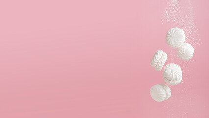 Soaring white zephyr marshmallow on pink background with sugar powder levitation banner