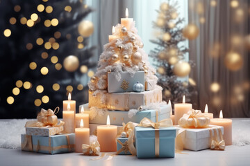 A set of gold and blue gift boxes ready for Christmas and New Year celebration with a Christmas tree on the background.