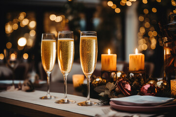 Glasses of sparkling wine or champagne served on the table ready for Christmas or New Year eve celebration. - 673398678