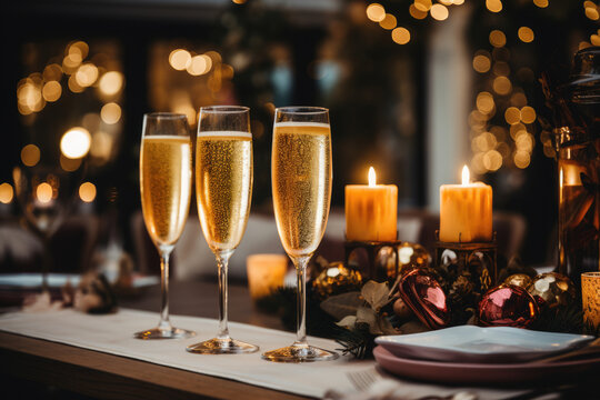 Glasses of sparkling wine or champagne served on the table ready for Christmas or New Year eve celebration.