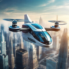 futuristic manned roto passenger drone flying in the sky over modern city for future air...