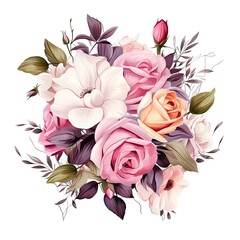 Beautiful illustration of romantic flower bouquet with roses, leaves, flowers