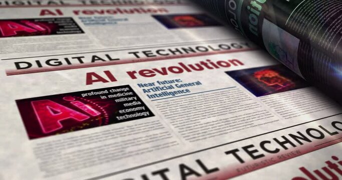 AI revolution artificial intelligence technology innovation daily news newspaper roll printing. Abstract concept retro headlines 3d seamless looped.
