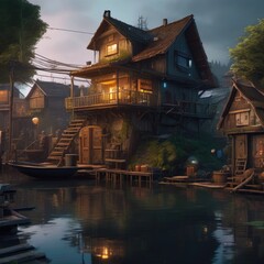 Fototapeta premium The fishing village of the future at night, the village of fishermen in the swamps at night. Glowing windows and burning garlands on houses.