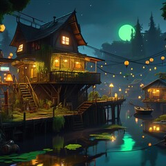 Obraz premium The fishing village of the future at night, the village of fishermen in the swamps at night. Glowing windows and burning garlands on houses.