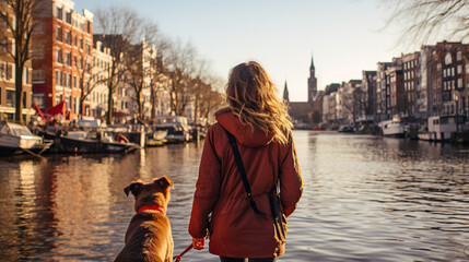 Fototapeta na wymiar Woman in red parka looking out on the water of a canal in Amsterdam together with her dog on a sunny winter day