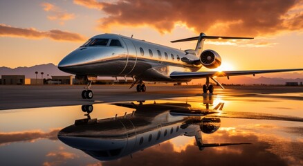 Fototapeta na wymiar a private jet at sunset parked outdoors