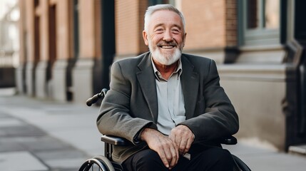 Portrait of a happy senior man sitting on wheelchair. Cheerful old man sitting on wheelchair. Disabled man in his wheelchair looking at camera.	