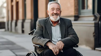 Foto op Plexiglas Portrait of a happy senior man sitting on wheelchair. Cheerful old man sitting on wheelchair. Disabled man in his wheelchair looking at camera.  © Kowit