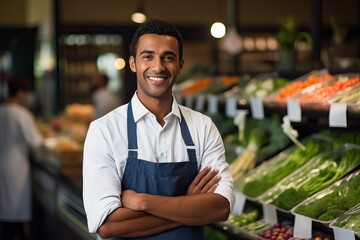 Portrait of a handsome seller with arm crossed in supermarket. Portrait of smiling man wearing apron at supermarket - obrazy, fototapety, plakaty