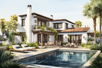  rendering of a white and green villa with a green and a swimming pool