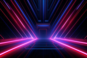 Motion speed neon light tunnel or corridor. Futuristic laser cyberspace perspective background.