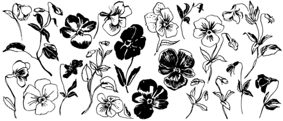 Fotobehang Hand drawn viola, pansy sketch. Outline black ink floral illustrations. Scribble flowers set. Bold artistic monochrome design. © TanyaOak