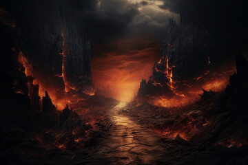 Apocalyptic inferno underworld landscape with road to hell. Life after death religious concept. - obrazy, fototapety, plakaty