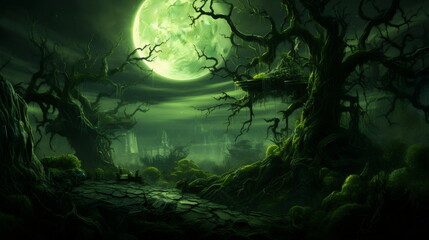 Fototapeta premium Green moonscape with trees, in the style of gothic atmosphere, dark and chaotic, horror-inspired