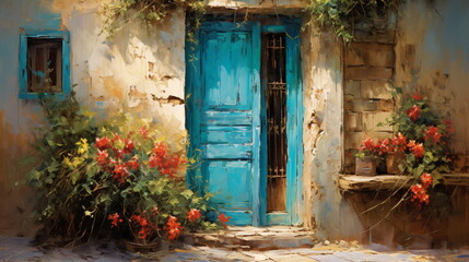 Fototapeta na wymiar Romantic Portal: Tonalist Old Blue Door Painting Adorned with Plants, in Light Bronze and Turquoise