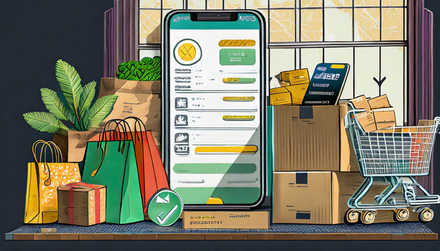 online shopping list and free shipping through mobile app marketplace and home delivery with application user interface menu mockup screen and credit card payment, no actual brands used in design