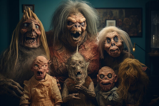 Group of creepy dolls with heads and hair on display.