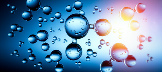Models of water molecules floating against blue background - H2 scientific element - 3D illustration - obrazy, fototapety, plakaty
