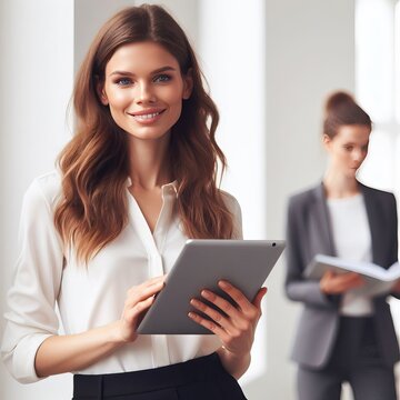 young  sales woman looking at camera welcoming customer, smiling woman professional business services, holding a digital tablet in the office, business concept, generayive ai