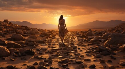 woman silhouette in desert walking at sunset