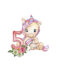 Watercolor hand drawn cute small baby unicorn with dahlia flowers with number composition. Fabulous baby animal for baby shower party design, birthday, cake, kids room decorations, poster, fabric.