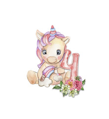 Watercolor hand drawn cute small baby unicorn with dahlia flowers with number composition. Fabulous baby animal for baby shower party design, birthday, cake, kids room decorations, poster, fabric.