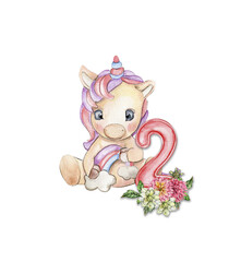 Watercolor hand drawn cute small baby unicorn with dahlia flowers with number composition. Fabulous baby animal for baby shower party design, birthday, cake, kids room decorations, poster, fabric.