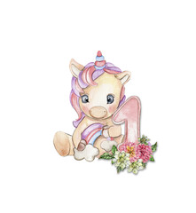 Watercolor hand drawn cute small baby unicorn with dahlia flowers with number composition. Fabulous baby animal for baby shower party design, birthday, cake, kids room decorations, poster, fabric.