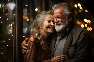 Happy retired couple embracing in the evening against the background of holiday lights.