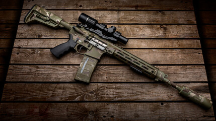 A modern carbine with an optical sight and a silencer. Weapons in camouflage coloring. Old wooden back - obrazy, fototapety, plakaty