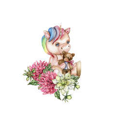 Watercolor hand drawn cute small baby unicorn with dahlia flowers composition. Fabulous baby animal for baby shower party design, birthday, cake, kids room decorations, invitations, poster, fabric.