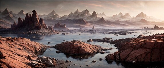 Martian landscape with high mountains and stars. created with generative AI