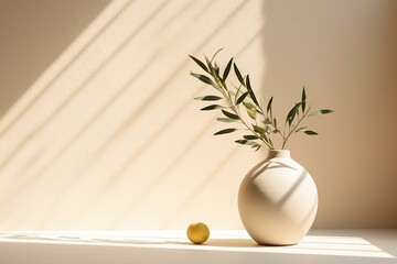 Modern summer still life photo. Beige spherical vase with green olive branch in sunlight with long shadows. Beige table wall background. Empty copy space. Elegant Mediterranean. Generative AI