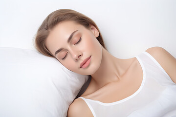 Obraz premium A young, beautiful woman sleeping on a white pillow against a white background