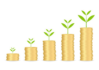 Plant Growing on Coin Stack. Growing Money, Saving and Investment Concept. Vector Illustration. 