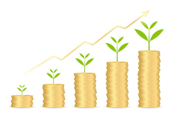 Graph Rising in Business Profit. Plant Growing on Coin Stack. Growing Money, Saving and Business Investment Concept. Vector Illustration. 