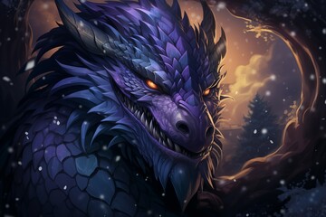 Illustration of a purple fantasy dragon. Mythical formidable creature. An ancient fairy-tale beast....