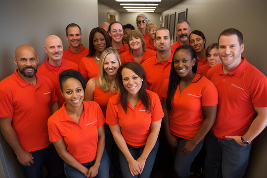 A team photo with everyone wearing matching "Employee Appreciation Day" shirts, capturing the unity and team spirit, creativity with copy space