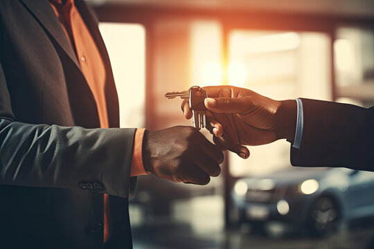 New car owner being handed over the keys by salesperson.