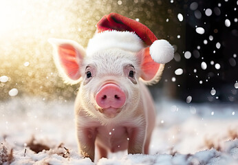Nahaufnahme eines niedlichen Ferkels mit Santa-Claus Mütze im Schnee. Stimmungsvolles Schweinemotiv erzeugt mit Generative AI.