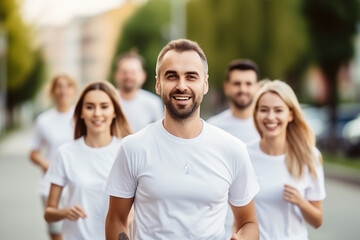 Obraz premium A team of employees participating in a charity run, highlighting community engagement and teamwork, creativity with copy space