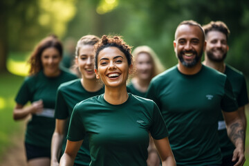 A team of employees participating in a charity run, highlighting community engagement and teamwork, creativity with copy space