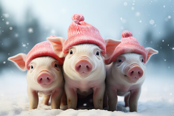 Drei niedliche Ferkel mit rosa Strickm&uuml;tzen im Schnee blicken neugierig - Nahaufnahme . Schweinemotiv erzeugt mit Generative AI.