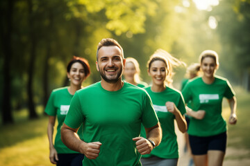 Fototapeta premium A team of employees participating in a charity run, highlighting community engagement and teamwork, creativity with copy space