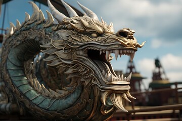 Sculpture of a Chinese dragon made of precious metal. Mythical formidable creature. An ancient fairy-tale beast. A giant fire-breathing monster.