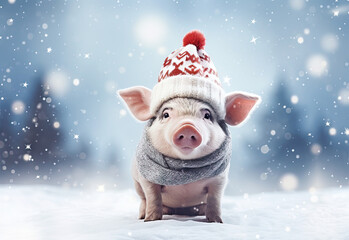 Niedliches Ferkel mit Schal und M&uuml;tze im Schneegest&ouml;ber. Lustiges Schweinemotiv erzeugt mit Generative AI.